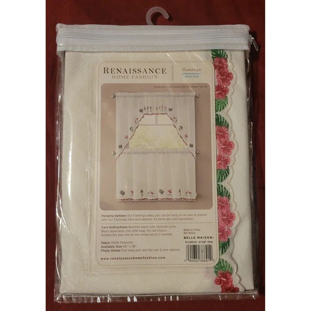 Renaissance Home Fashion Flamingo Embroidered Sheer Swag Pair 56x38 Rod Pocket